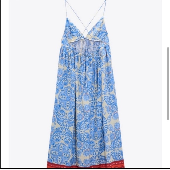 Zara * Linen Blend Printed Maxi Midi Dress Blue Boho Flowy - Picture 3 of 13